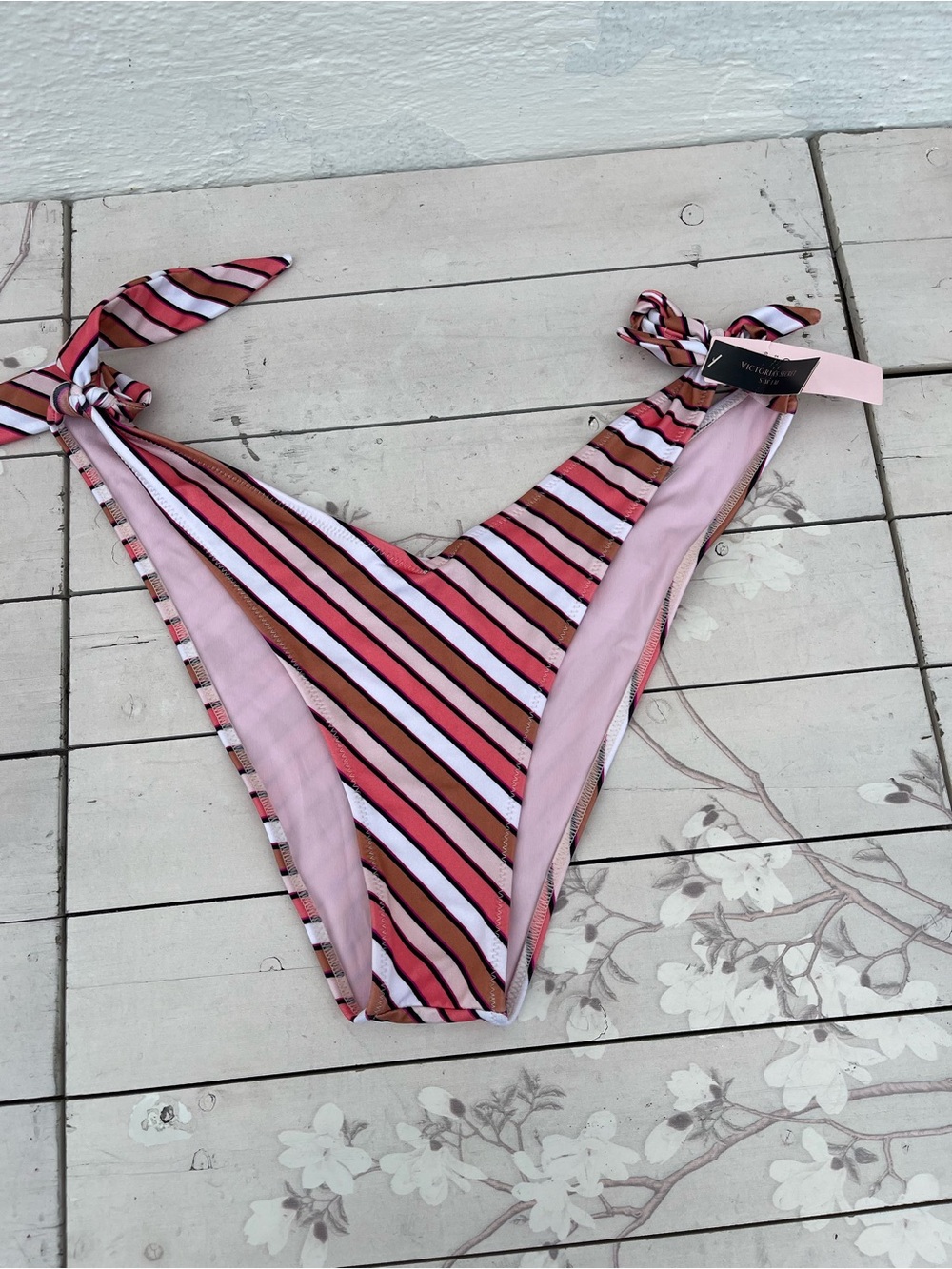 Victoria's Secret Striped Tie-Side Bikini Bottoms - Pink, Brown, White